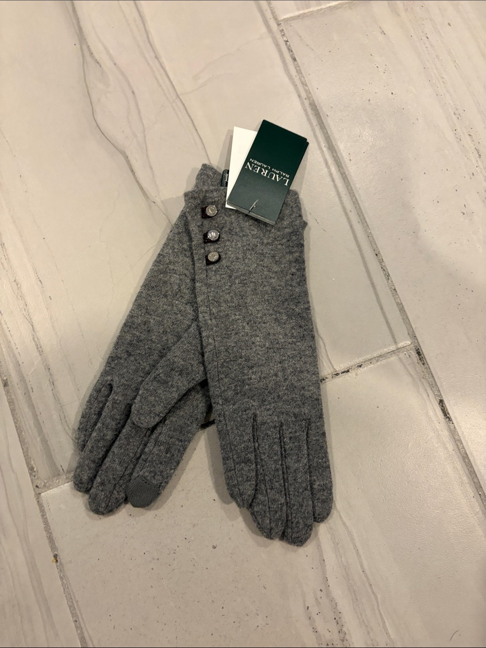 Lauren Ralph Lauren Gray Wool Blend Gloves with Three Button Accent